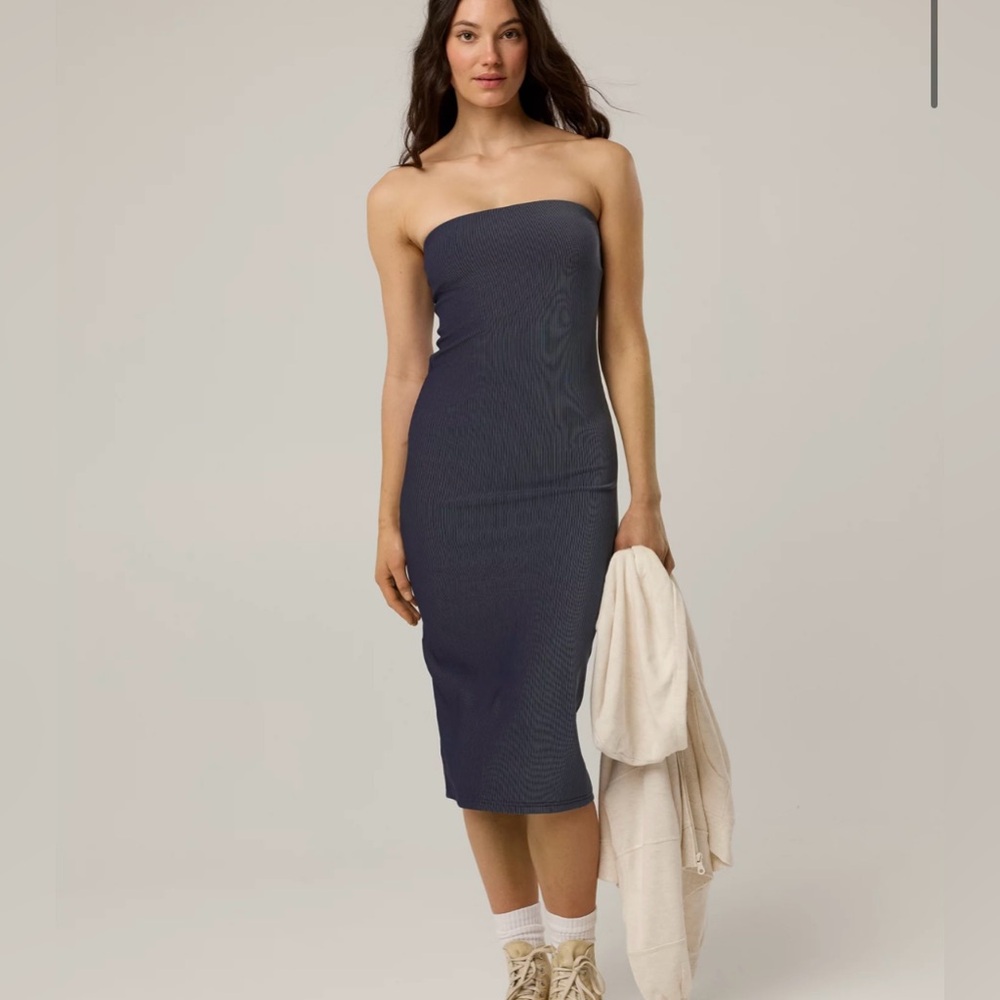 Offline by Aerie Ribbed Tubbed Midi Dress- Medium, Strapless Bodycon Navy Blue